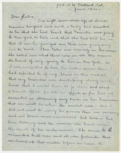 Letter from Parmelee Morgan to Julia Morgan, June 1, 1900