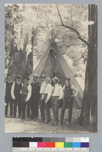 Group portrait of men in front of tipi, Bohemian Grove. [photographic print]