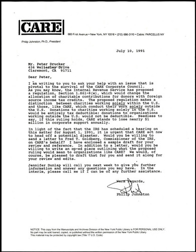 Letter of correspondence from Philip Johnston to Peter F. Drucker