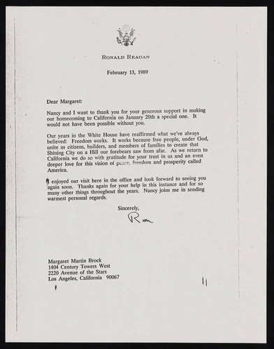 1989 February 13 - Ronald Reagan to Margaret Martin Brock