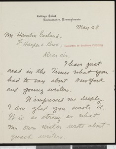 Zane Grey, letter, 1916-05-28, to Hamlin Garland