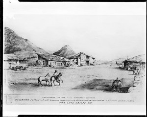 Drawing by Edward Vischer depicting "Tiger Town" (Barrio del Tigre), an area on the northern outskirts of San Luis Obispo, ca.1865