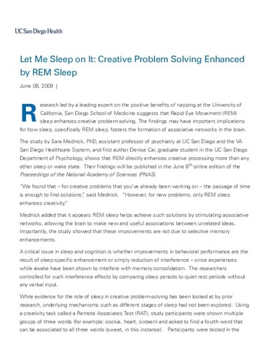 Let Me Sleep on It: Creative Problem Solving Enhanced by REM Sleep