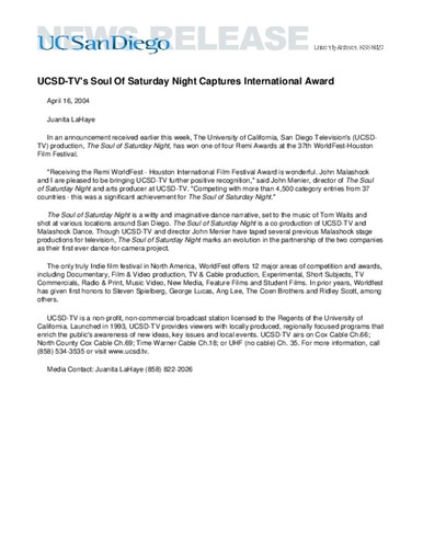 UCSD-TV's Soul Of Saturday Night Captures International Award