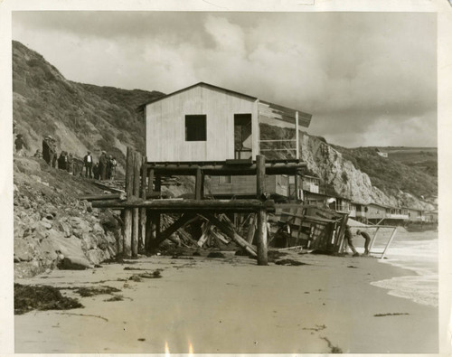 Damaged beach cottages on Topanga Beach, 1926
