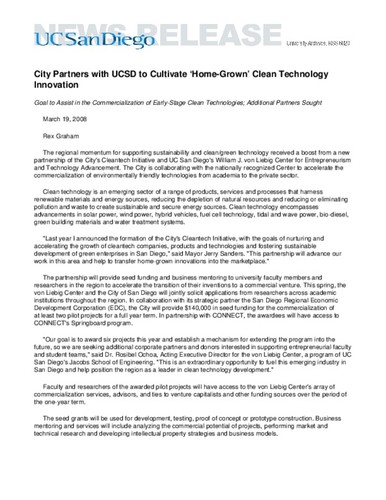 City Partners with UCSD to Cultivate ‘Home-Grown’ Clean Technology Innovation--Goal to Assist in the Commercialization of Early-Stage Clean Technologies; Additional Partners Sought