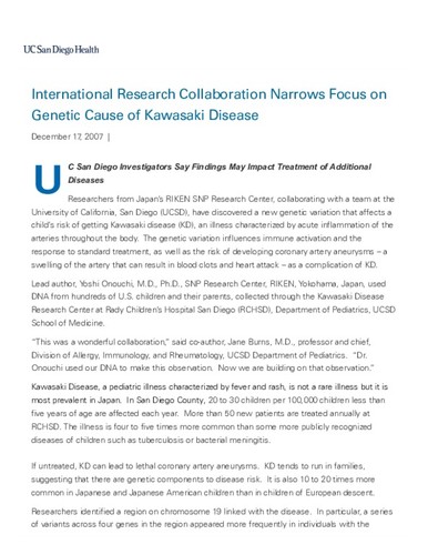 International Research Collaboration Narrows Focus on Genetic Cause of Kawasaki Disease