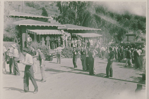 Firemen demonstrating how to extinguish phosphorus bombs in the event of an attack at Assembly Camp, Temescal Canyon, Calif