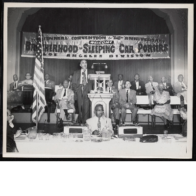 C.L. Dellums speaking in front of session of the 28th anniversary of the Brotherhood of Sleeping Car Porters, Los Angeles Division