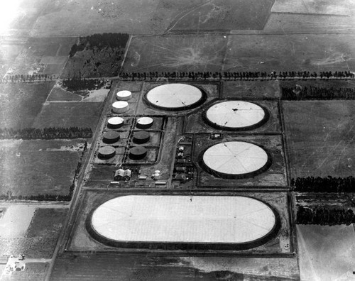 Aerial view of oil refinery tanks