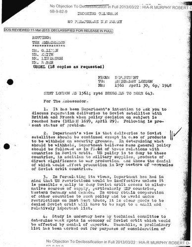 Marshall cable 1561 regarding present status of reparation deliveries to Soviet satellites