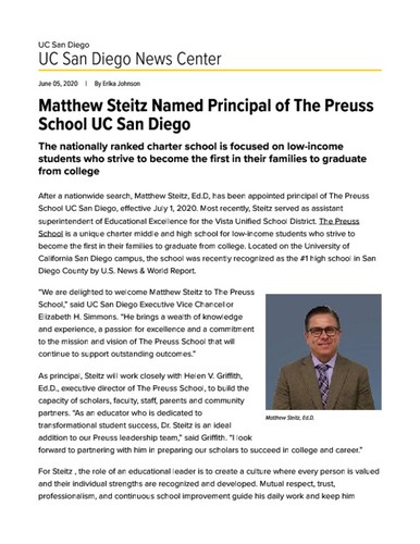 Matthew Steitz Named Principal of The Preuss School UC San Diego