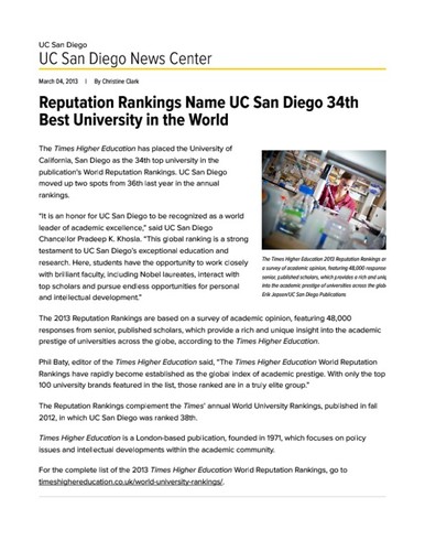 Reputation Rankings Name UC San Diego 34th Best University in the World