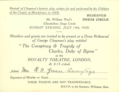 Elizabethan Stage Circle invitation to R.N. Armitage, 1929 July