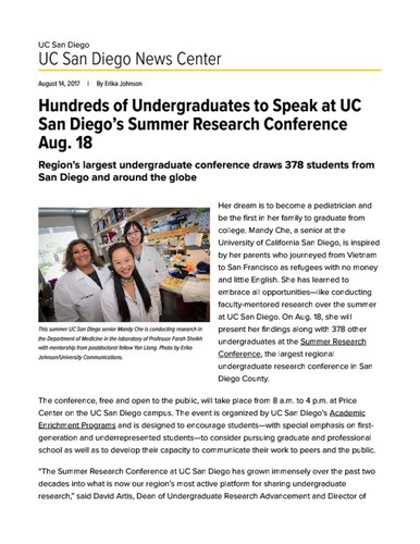 Hundreds of Undergraduates to Speak at UC San Diego’s Summer Research Conference Aug. 18