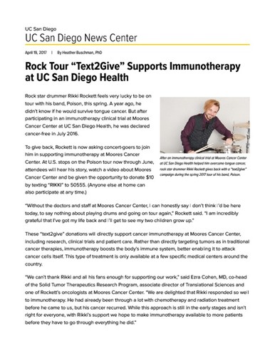 Rock Tour “Text2Give” Supports Immunotherapy at UC San Diego Health