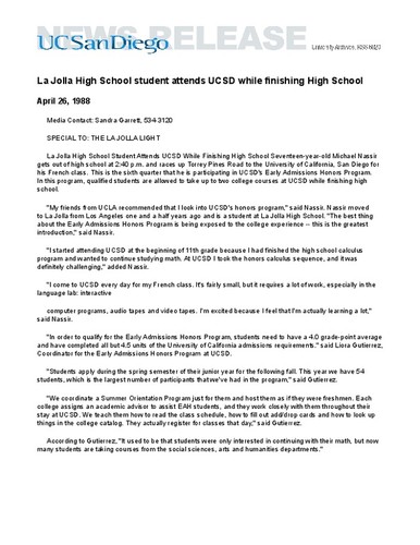 La Jolla High School student attends UCSD while finishing High School