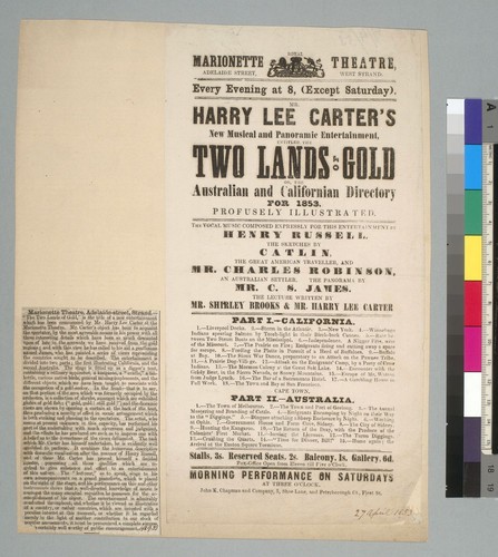 [Royal Marionette Theatre announcement of play "Two Lands of Gold"]