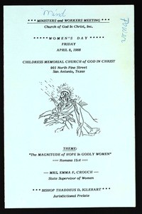 Ministers and workers meeting, Texas southwest, COGIC, San Antonio, Women's day program, 1988