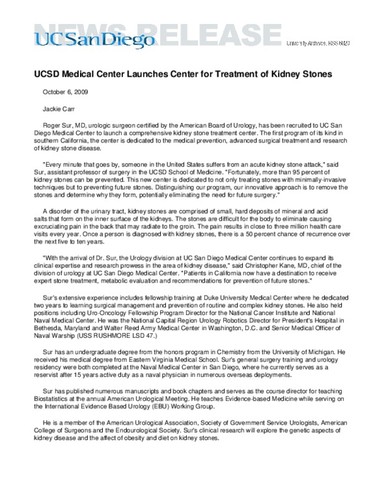 UCSD Medical Center Launches Center for Treatment of Kidney Stones