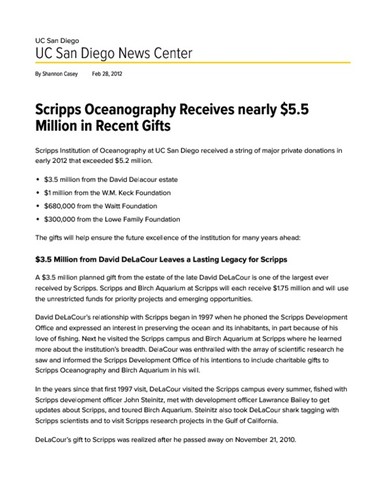 Scripps Oceanography Receives nearly $5.5 Million in Recent Gifts