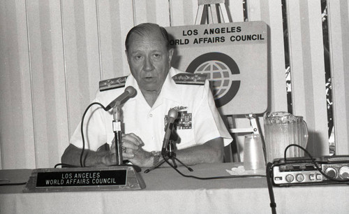 William J. Crowe speaking on behalf of the Los Angeles World Affairs Council, Los Angeles, 1983