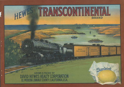 Crate label for Hewes' Transcontinental Brand, El Modena, California, ca. 1930