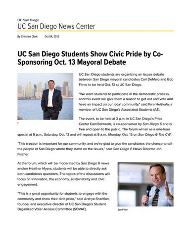UC San Diego Students Show Civic Pride by Co-Sponsoring Oct. 13 Mayoral Debate
