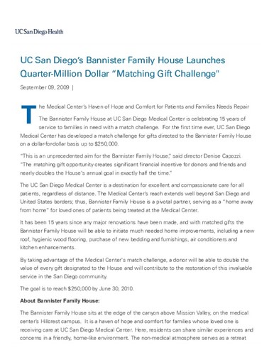 UC San Diego’s Bannister Family House Launches Quarter-Million Dollar “Matching Gift Challenge”