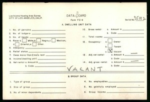 WPA Low income housing area survey data card 220, serial 35182, vacant