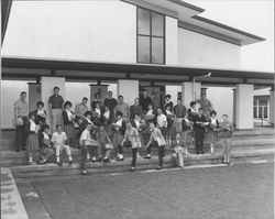 St. Vincent's High School students posing on the steps of the new school, Petaluma, California, 1962