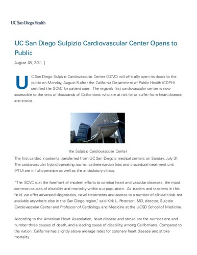 UC San Diego Sulpizio Cardiovascular Center Opens to Public