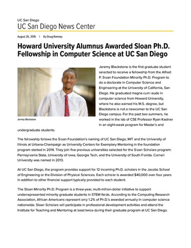 Howard University Alumnus Awarded Sloan Ph.D. Fellowship in Computer Science at UC San Diego