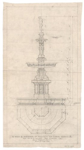 Plan and elevation of fountain on lower terrace (below guest house A), c.1920s