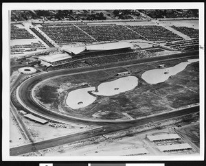 Aerial view of Hollywood Park horse racetrack, ca.1930
