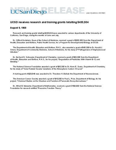 UCSD receives research and training grants totalting $433,934