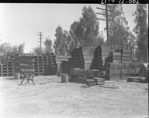 Redwood field gates in Morrow Lumber Company yard, Brawley, Calif
