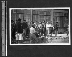 Freshmen learning to plant rice, Fukien Christian University, Fuzhou, Fujian, China, ca.1948