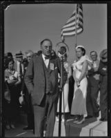 California State Highway Commissioner Philip A. Stanton speaking at bridge opening ceremony, Costa Mesa, 1934