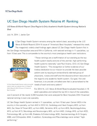 UC San Diego Health System Retains #1 Ranking