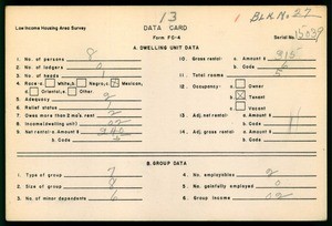 WPA Low income housing area survey data card 13, serial 15039
