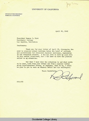 Letter from Robert Sproul, President, University of California, to Remsen Bird, April 30, 1942