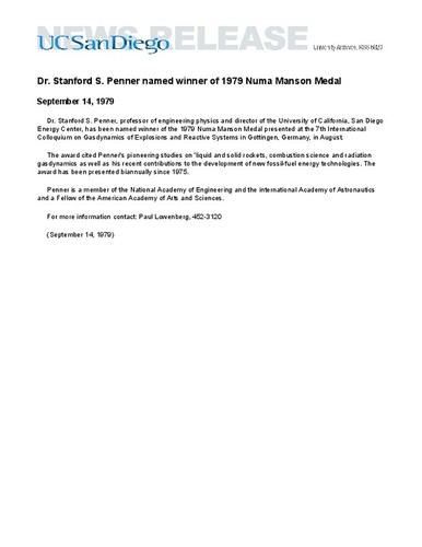 Dr. Stanford S. Penner named winner of 1979 Numa Manson Medal
