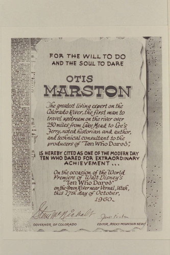 Citation to Otis Dock Marston at the premier of the Disney film "Ten Who Dared"; Vernal