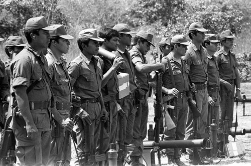 Salvadoran soldiers receiving training at military base, Idalgo, 1983