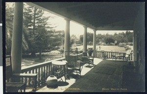 Exterior view of the patio at "Stone Hedge," a Santa Barbara residence belonging to Mrs. R.L. Stevenson, ca.1920