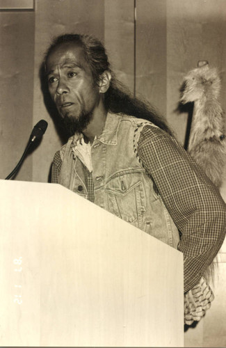 A Chumash man speaks at the court house, 1994