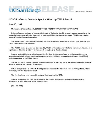 UCSD Professor Deborah Spector Wins top YWCA Award