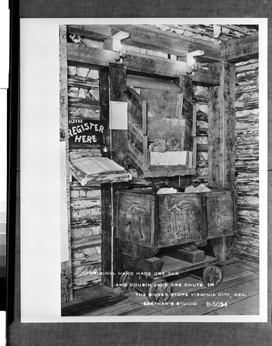 Original Hand Made Ore Car and Cousin Jack Ore Chute in the Silver Stope, Virginia City, Nev