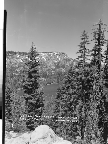 "Gold Lake Beach Resort" from above Little Gold lake, Calif